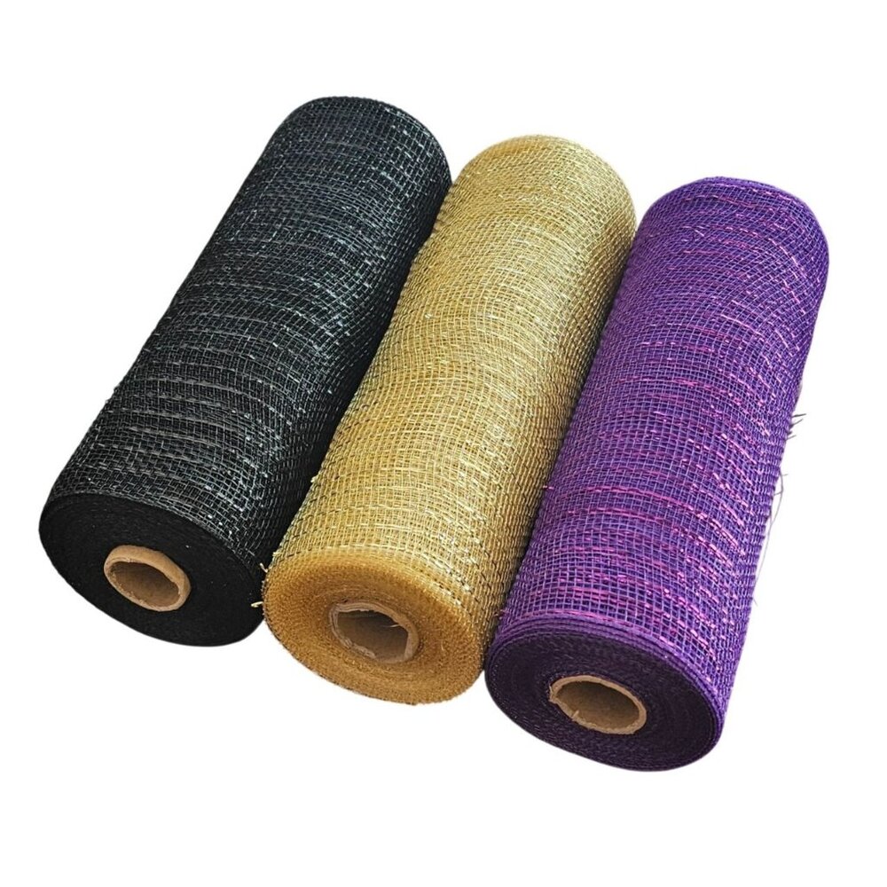 Purple, Gold and Black 10" Decorative Metallic Deco Mesh Ribbon Rolls - Football